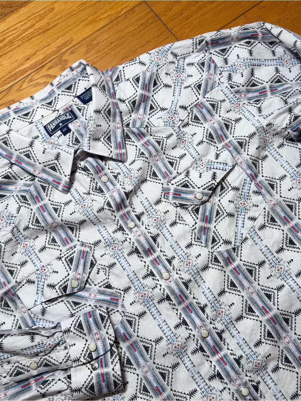 Panhandle Slim White Western Shirt with Black & Light Blue Aztec Print